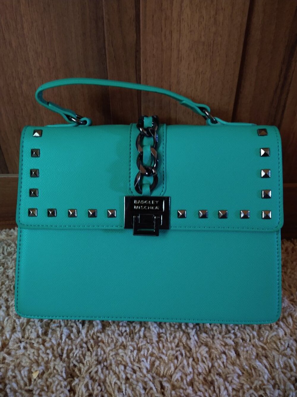 Badgley Mischka Turquoise Structured Top Handle Bag with Studs